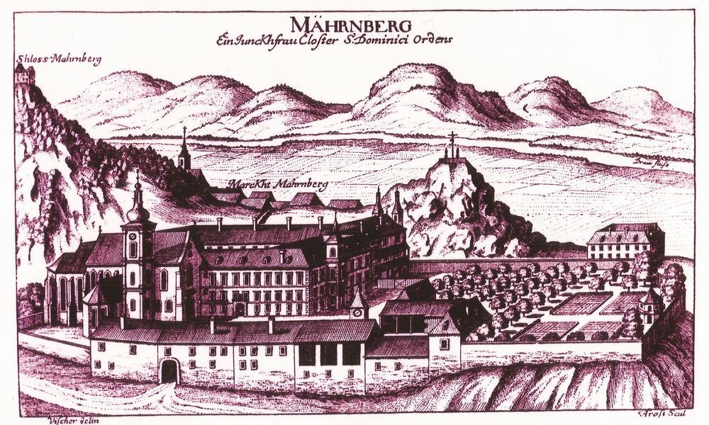 Bakrorez G. M. Vischerja iz leta 1681, ki prikazuje samostan dominikank, v ozadju so Mahrenberški grad, trg, Kalvarija in dvorec