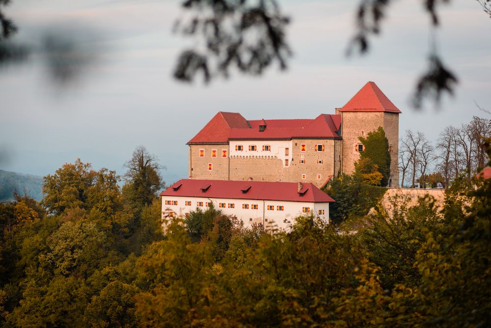 Pogled na grad Podsreda s sosednjega hriba. Grad ima rdeče-rumene lesene polkne in prenovljeno streho, obkrožen je z gozdom.