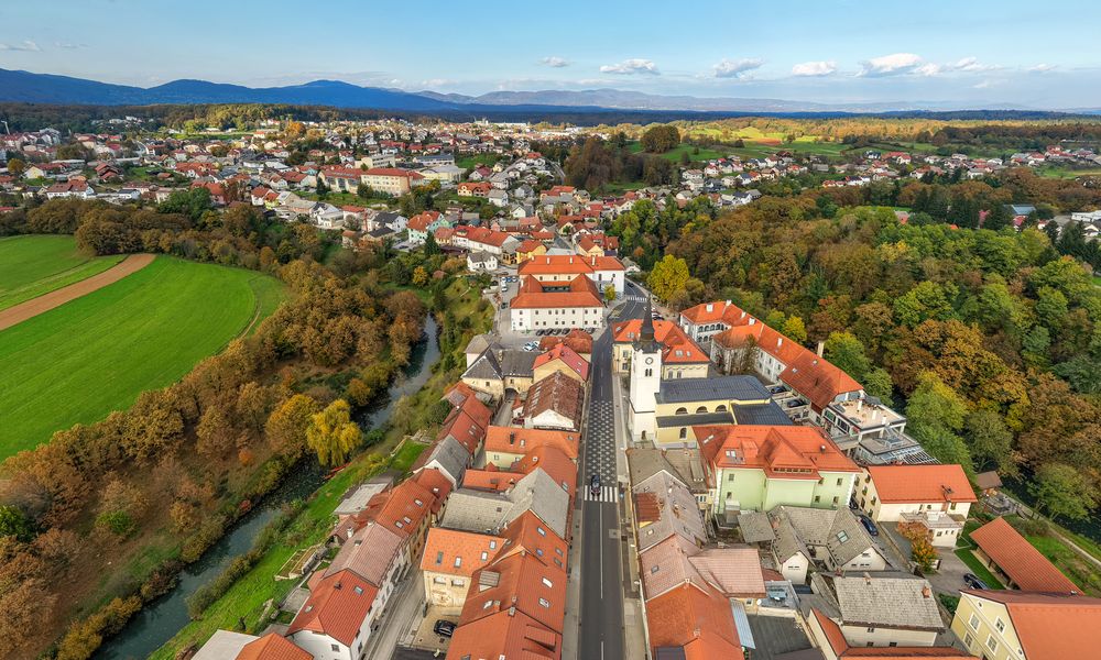 Grad Črnomelj iz zraka v daljavi, na straneh je obdan z zeleno-rjavim gozdom, spredaj in zadaj mesto zapolnijo oranžne strehe hiš